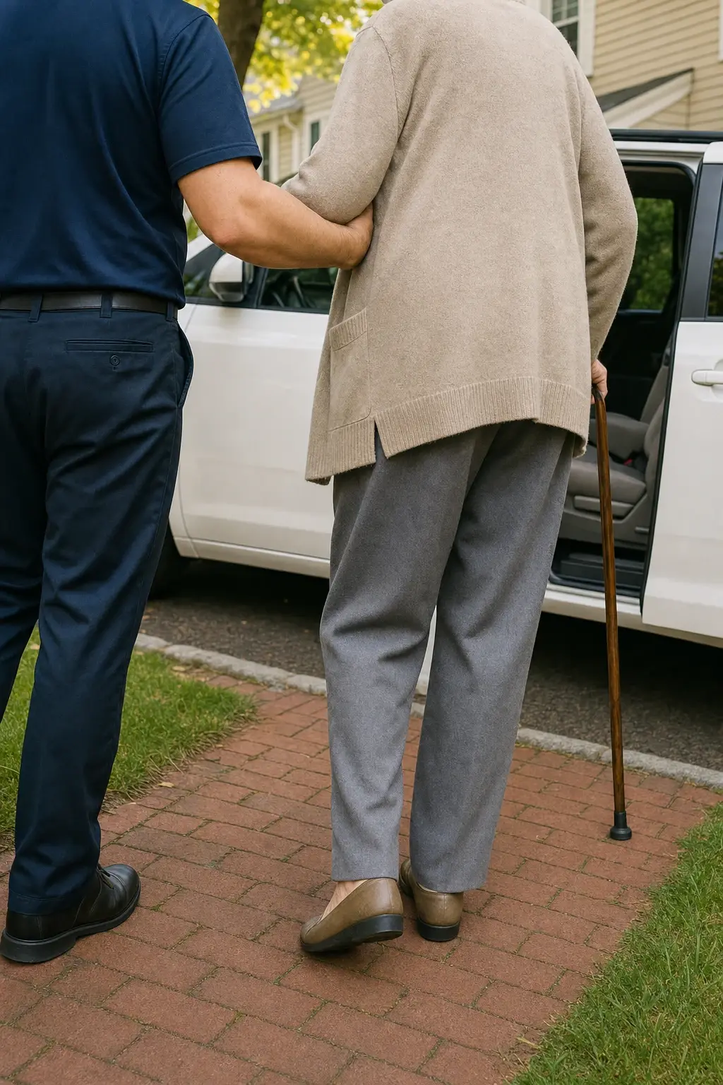 A driver offers a steadying arm to a passenger walking to the open door of a van