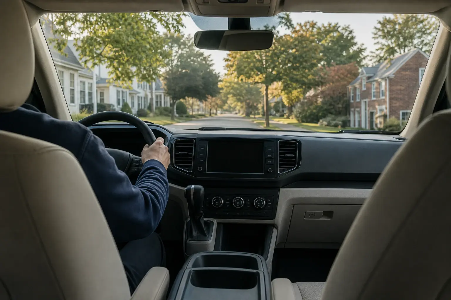A driver’s hands on the wheel of a clean van on a quiet tree-lined street