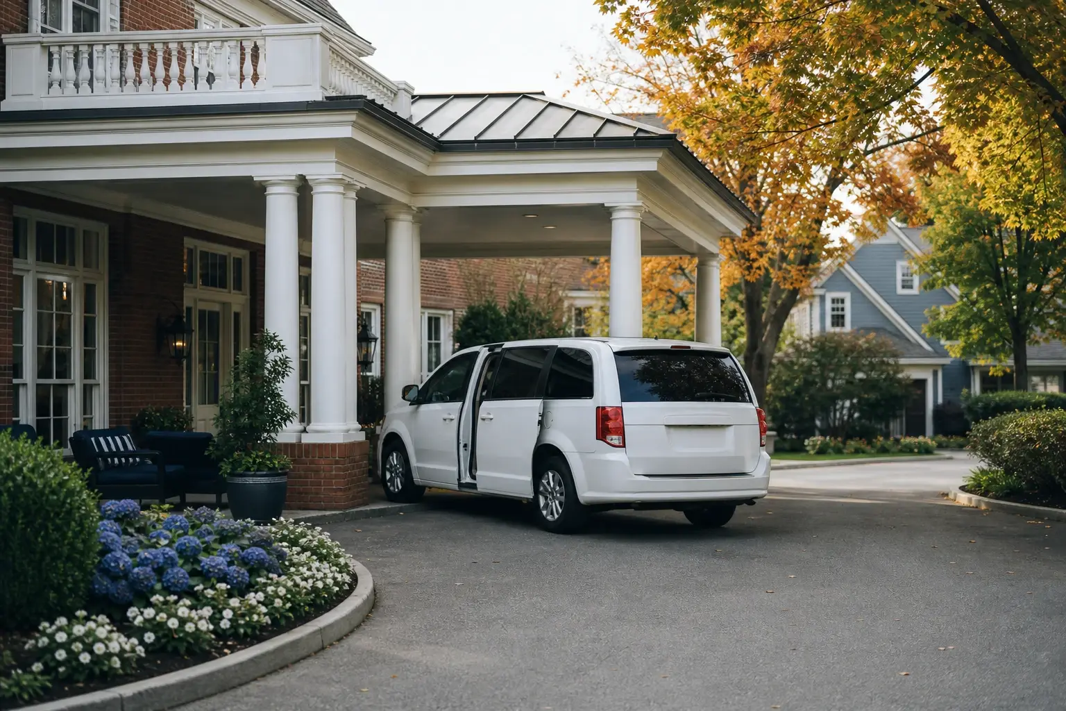 A white van waits under the entrance canopy of a senior living community