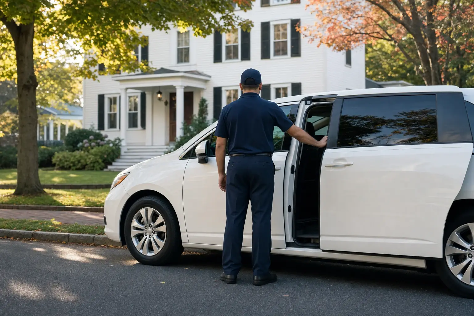 A driver in a navy cap, seen from behind, waits beside the open door of a clean white van outside a home in Waltham